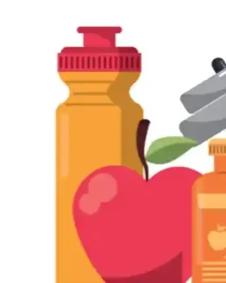 An apple, a water bottle, and a heart symbol arranged together on a surface, representing health and hydration.